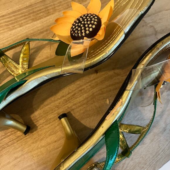Green Yellow Sunflower Embellished Open Toe Kitten Heel Ankle Strap Size 9.5 - Picture 7 of 13